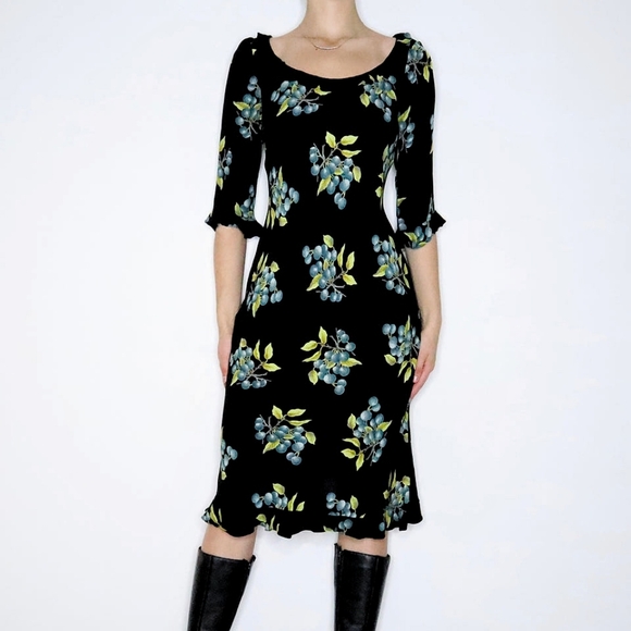 Vintage Betsey Johnson 90s Blueberry Fruit Print Ruffle Slip Midi Dress - Picture 6 of 16